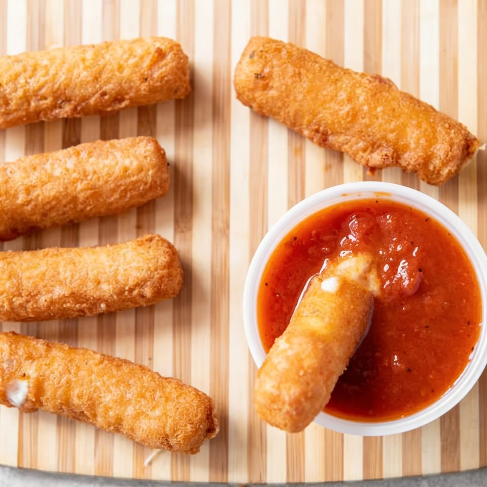 Golden-brown mozzarella sticks, one dipping into a white bowl of marinara sauce on a wooden board.