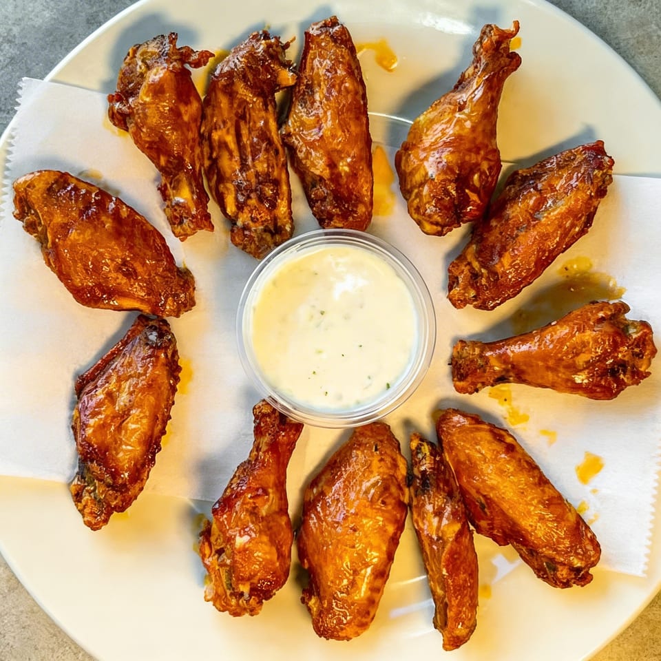 A dozen golden-brown chicken wings arranged around a small cup of ranch dressing on a white plate.