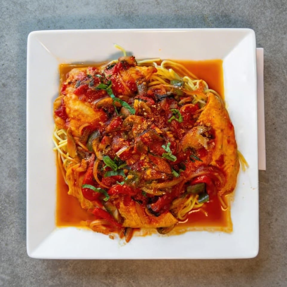 Chicken cacciatore with spaghetti, red sauce, peppers, mushrooms, and basil on a white plate.