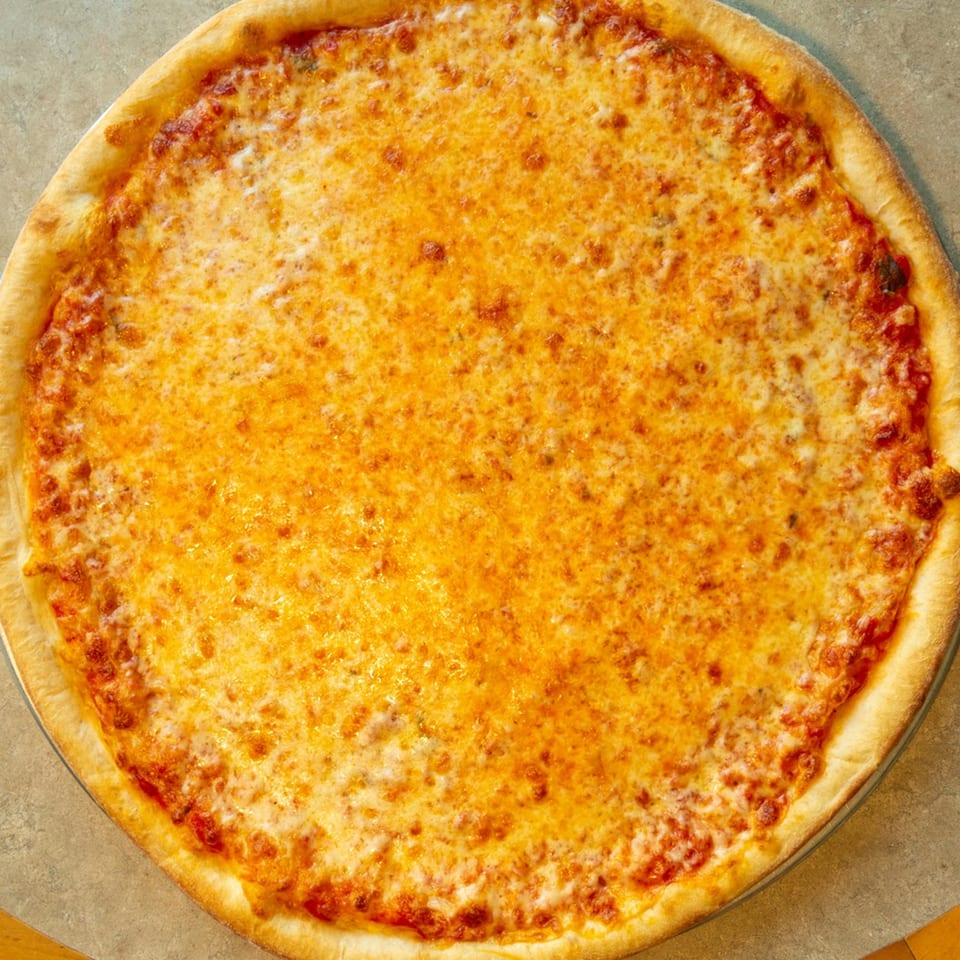 A large, round cheese pizza from Casa di Franco Pizzeria, with a golden crust and melted, bubbly cheese.